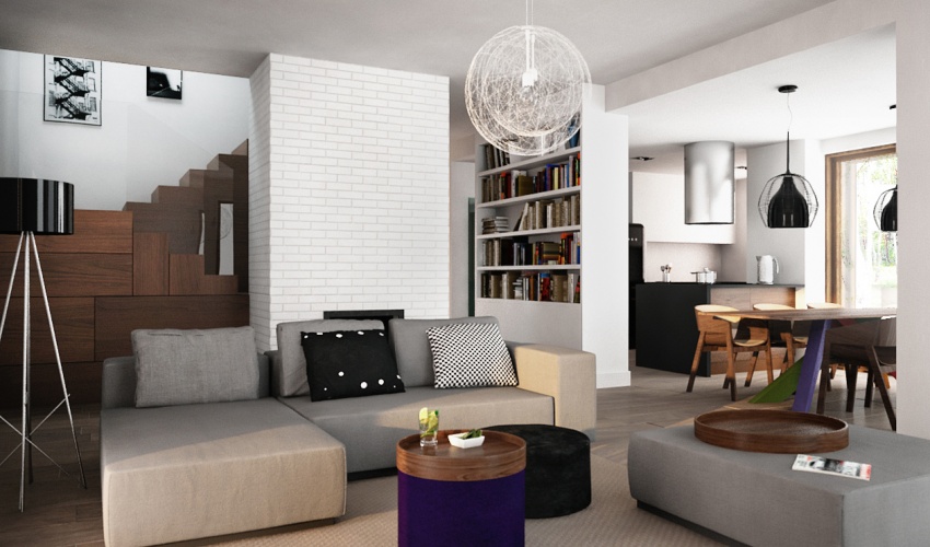 Projekt domu w Łodzi Salon z jadalnią i otwartą kuchnią zaprojektowany przez architekta w minimalistycznym stylu